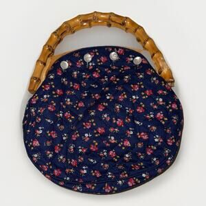 Vintage 1970’s Handbag Wood Frame Bamboo Handles Purse Floral Print Navy Blue